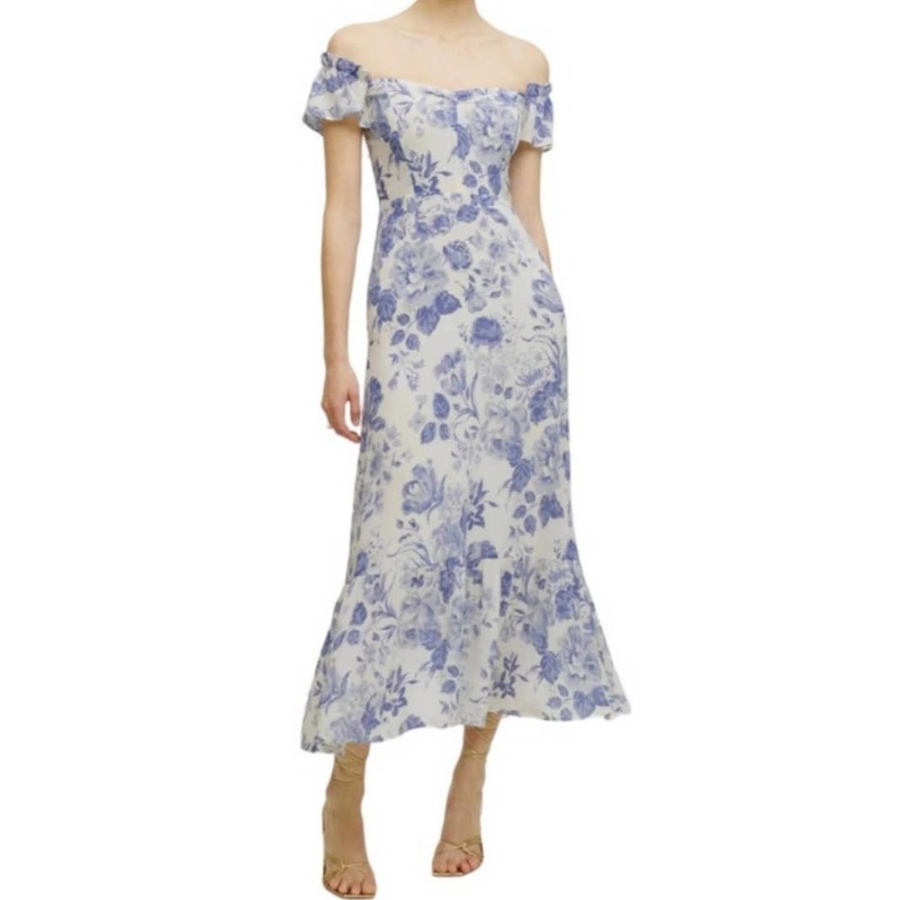 Reformation White Off-Shoulder Midi Dress with Blue Floral Pattern